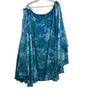 Heidi Daus NWT Blue Floral One Shoulder Dress Size 3X Art to Wear Watercolor